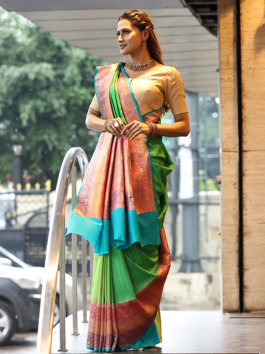 Tusson georgette hand woven saree with multi-colored border and pallu